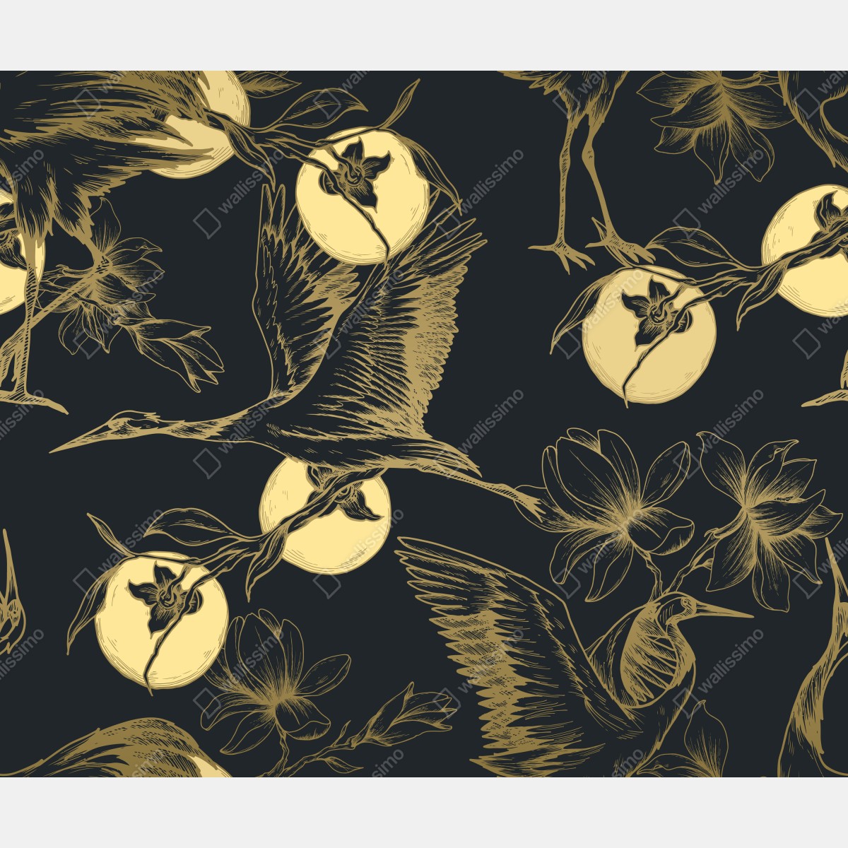 Fototapeta złote żurawie i księżycowy wzór – Wallissimo® Fototapeta złote żurawie i księżycowy wzór – Wallissimo®