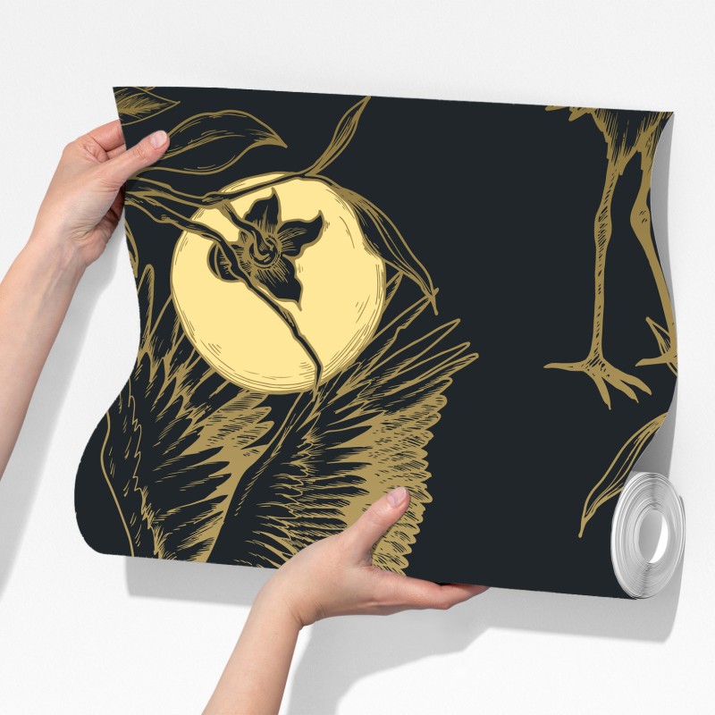 Fototapeta złote żurawie i księżycowy wzór – Wallissimo® Fototapeta złote żurawie i księżycowy wzór – Wallissimo®