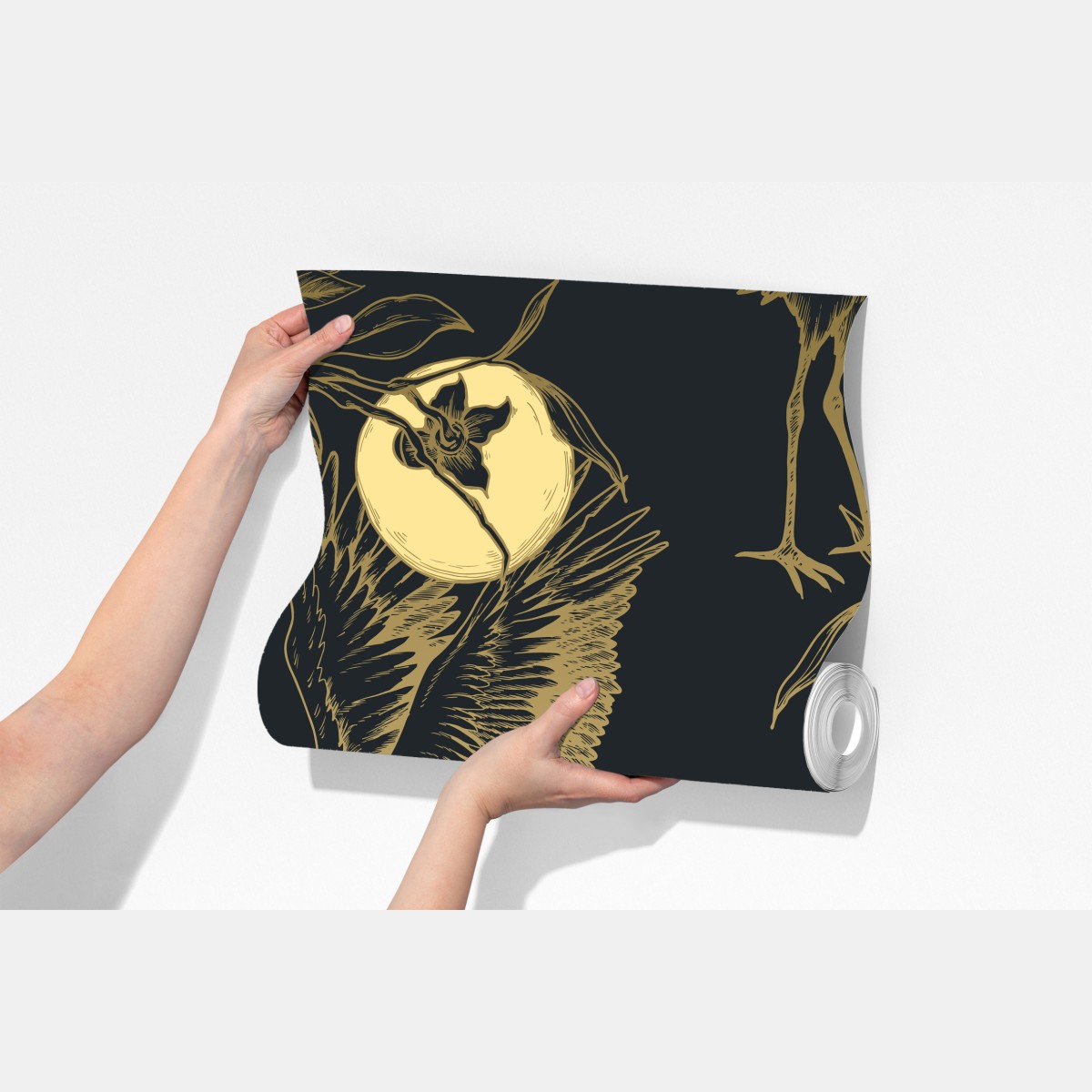 Fototapeta złote żurawie i księżycowy wzór – Wallissimo® Fototapeta złote żurawie i księżycowy wzór – Wallissimo®