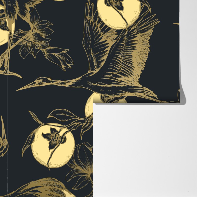 Fototapeta złote żurawie i księżycowy wzór – Wallissimo® Fototapeta złote żurawie i księżycowy wzór – Wallissimo®