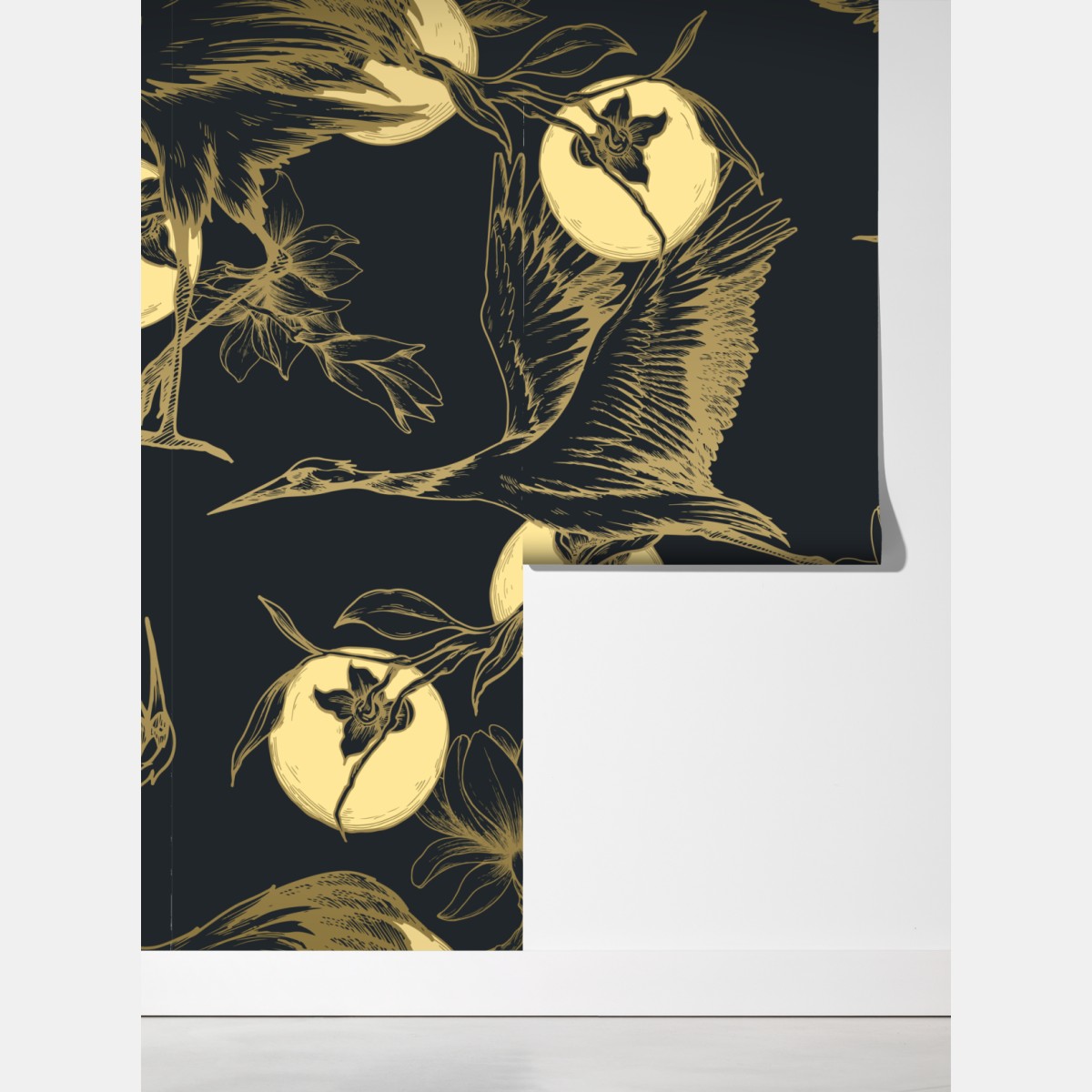 Fototapeta złote żurawie i księżycowy wzór – Wallissimo® Fototapeta złote żurawie i księżycowy wzór – Wallissimo®