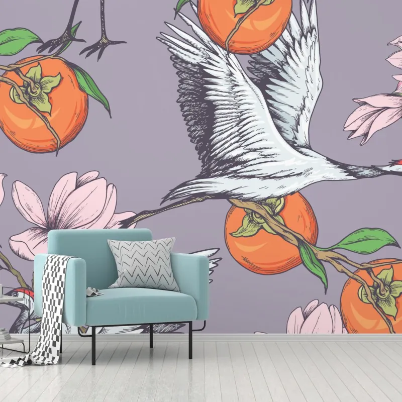 Wall mural graceful cranes and persimmon blossoms pattern