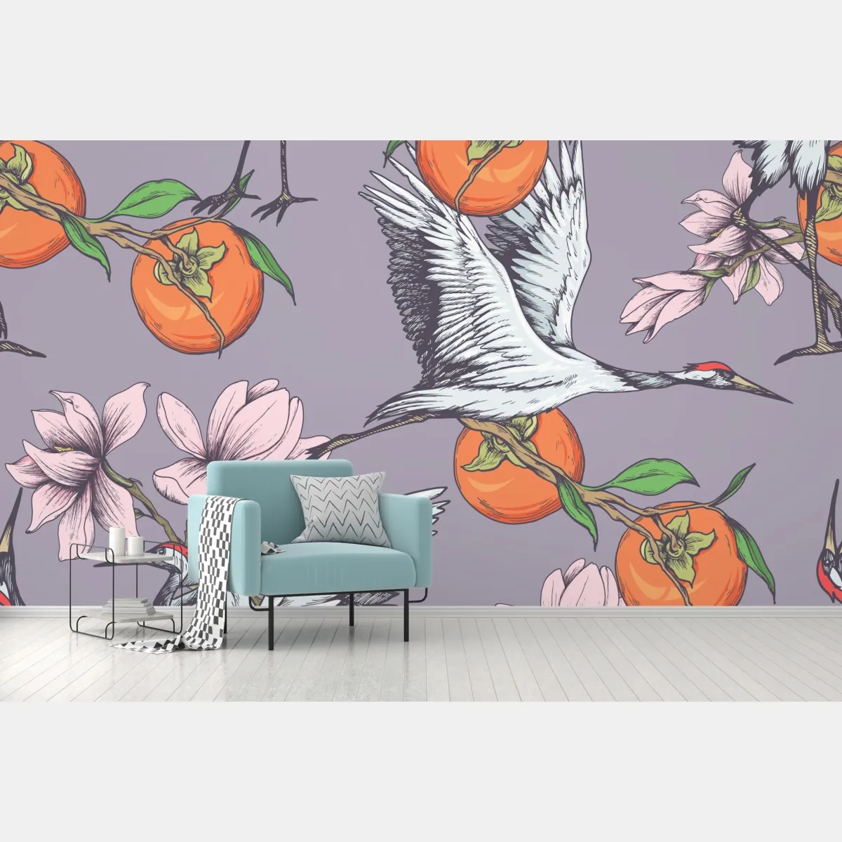 Fototapeta żurawie i kwiaty persymony – Wallissimo® Fototapeta żurawie i kwiaty persymony – Wallissimo®