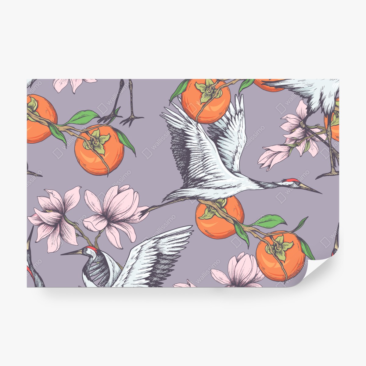 Fototapeta żurawie i kwiaty persymony – Wallissimo® Fototapeta żurawie i kwiaty persymony – Wallissimo®