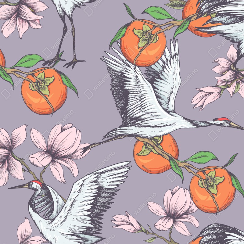 Fototapeta żurawie i kwiaty persymony – Wallissimo® Fototapeta żurawie i kwiaty persymony – Wallissimo®