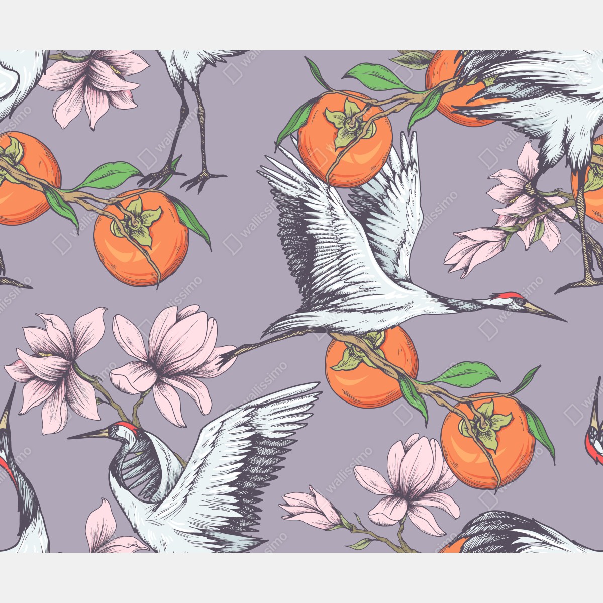 Fototapeta żurawie i kwiaty persymony – Wallissimo® Fototapeta żurawie i kwiaty persymony – Wallissimo®