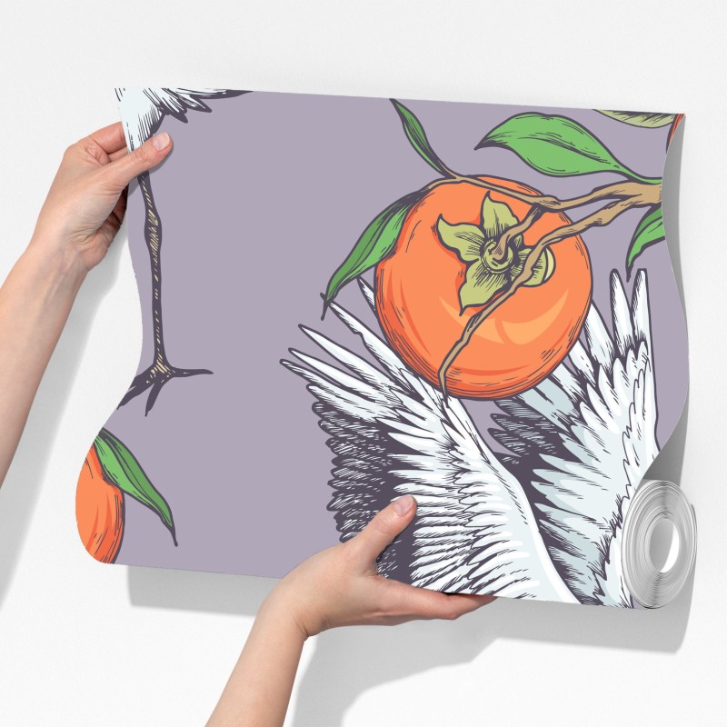 Fototapeta żurawie i kwiaty persymony – Wallissimo® Fototapeta żurawie i kwiaty persymony – Wallissimo®