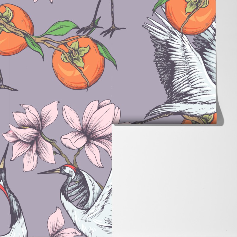 Fototapeta żurawie i kwiaty persymony – Wallissimo® Fototapeta żurawie i kwiaty persymony – Wallissimo®