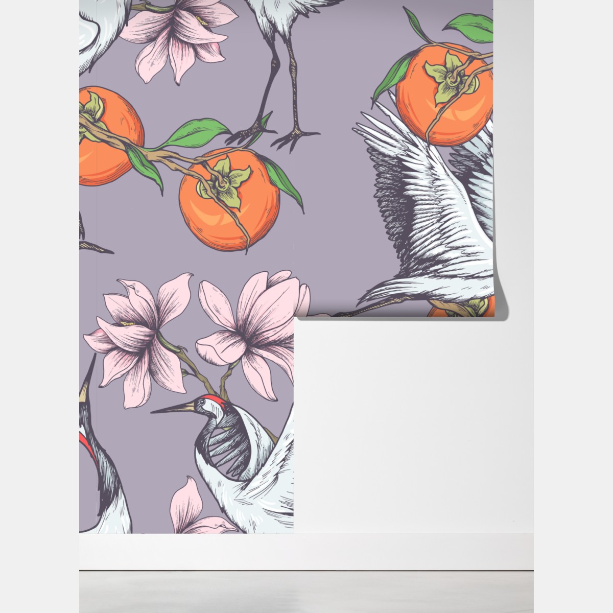 Fototapeta żurawie i kwiaty persymony – Wallissimo® Fototapeta żurawie i kwiaty persymony – Wallissimo®