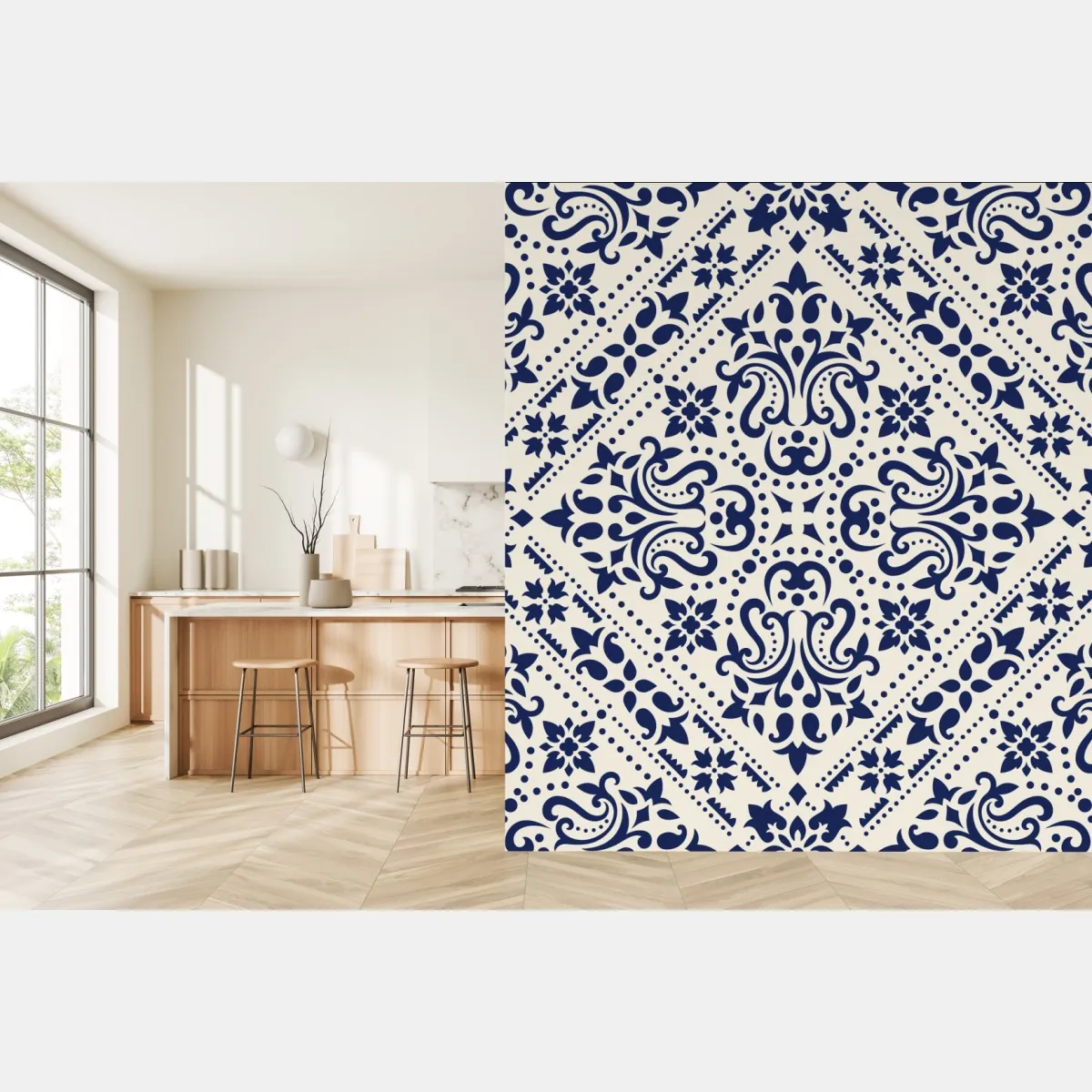 Fototapeta granatowy wzór damaskowy na płytkach – Wallissimo® Fototapeta granatowy wzór damaskowy na płytkach – Wallissimo®