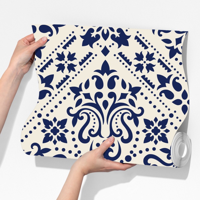 Fototapeta granatowy wzór damaskowy na płytkach – Wallissimo® Fototapeta granatowy wzór damaskowy na płytkach – Wallissimo®