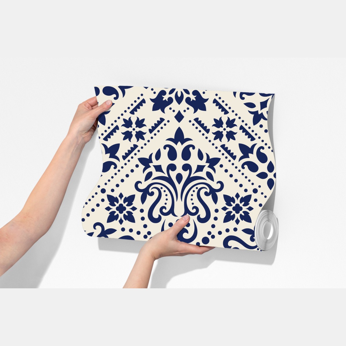 Fototapeta granatowy wzór damaskowy na płytkach – Wallissimo® Fototapeta granatowy wzór damaskowy na płytkach – Wallissimo®