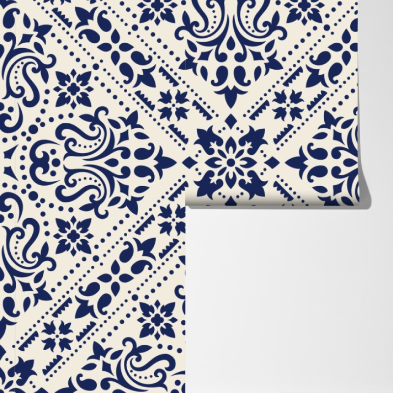 Fototapeta granatowy wzór damaskowy na płytkach – Wallissimo® Fototapeta granatowy wzór damaskowy na płytkach – Wallissimo®