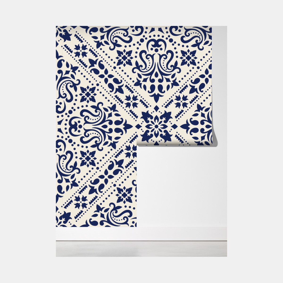 Fototapeta granatowy wzór damaskowy na płytkach – Wallissimo® Fototapeta granatowy wzór damaskowy na płytkach – Wallissimo®