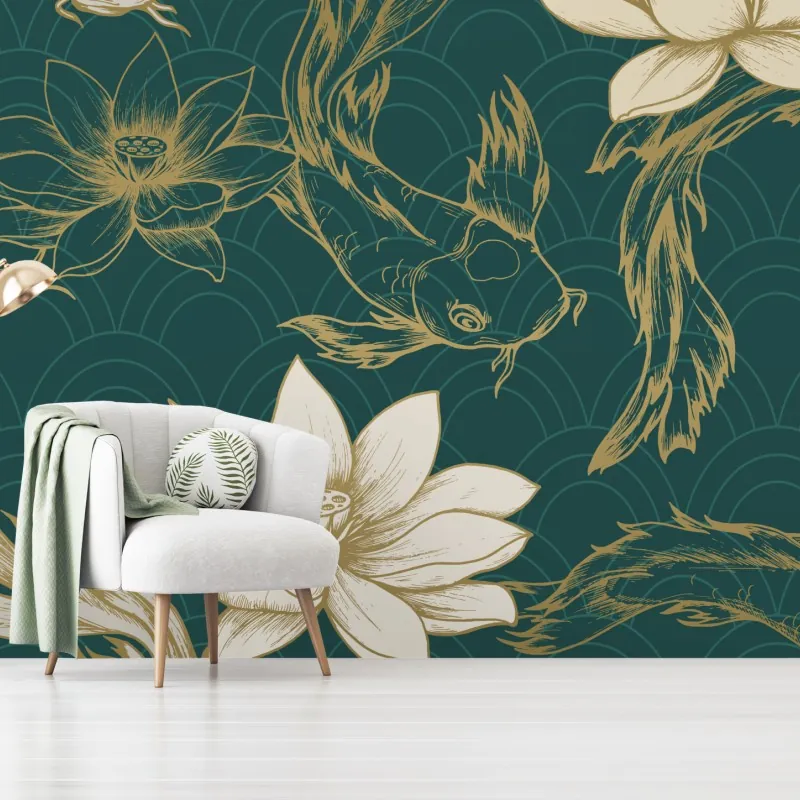 Wall mural oriental koi and lotus pattern in teal and gold