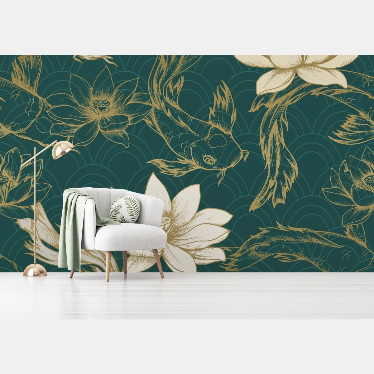 Fototapeta orientalny wzór koi i lotosów w turkusie i złocie – Wallissimo® Fototapeta orientalny wzór koi i lotosów w turkusie i złocie – Wallissimo®