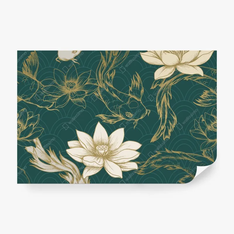 Wall mural oriental koi and lotus pattern in teal and gold