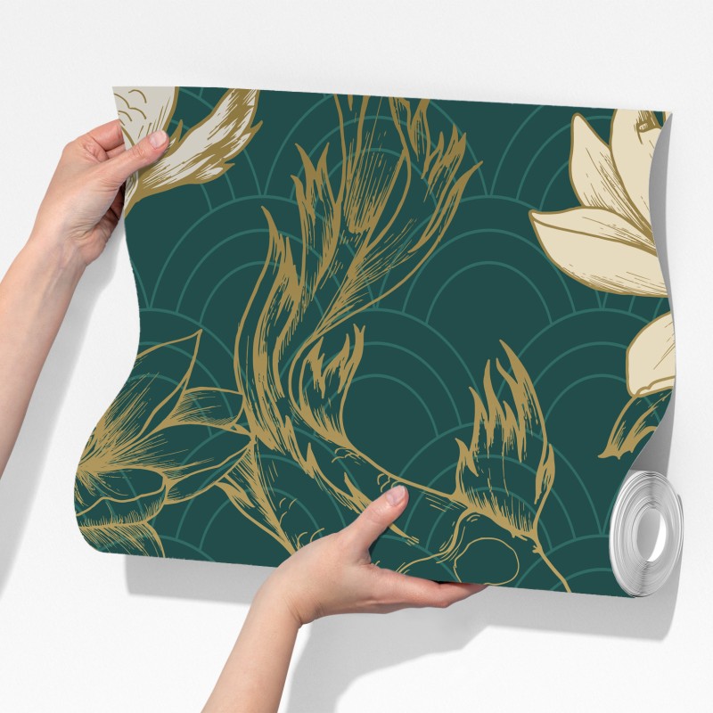 Fototapeta orientalny wzór koi i lotosów w turkusie i złocie – Wallissimo® Fototapeta orientalny wzór koi i lotosów w turkusie i złocie – Wallissimo®