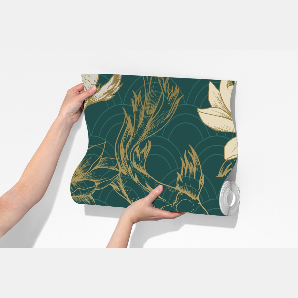 Fototapeta orientalny wzór koi i lotosów w turkusie i złocie – Wallissimo® Fototapeta orientalny wzór koi i lotosów w turkusie i złocie – Wallissimo®