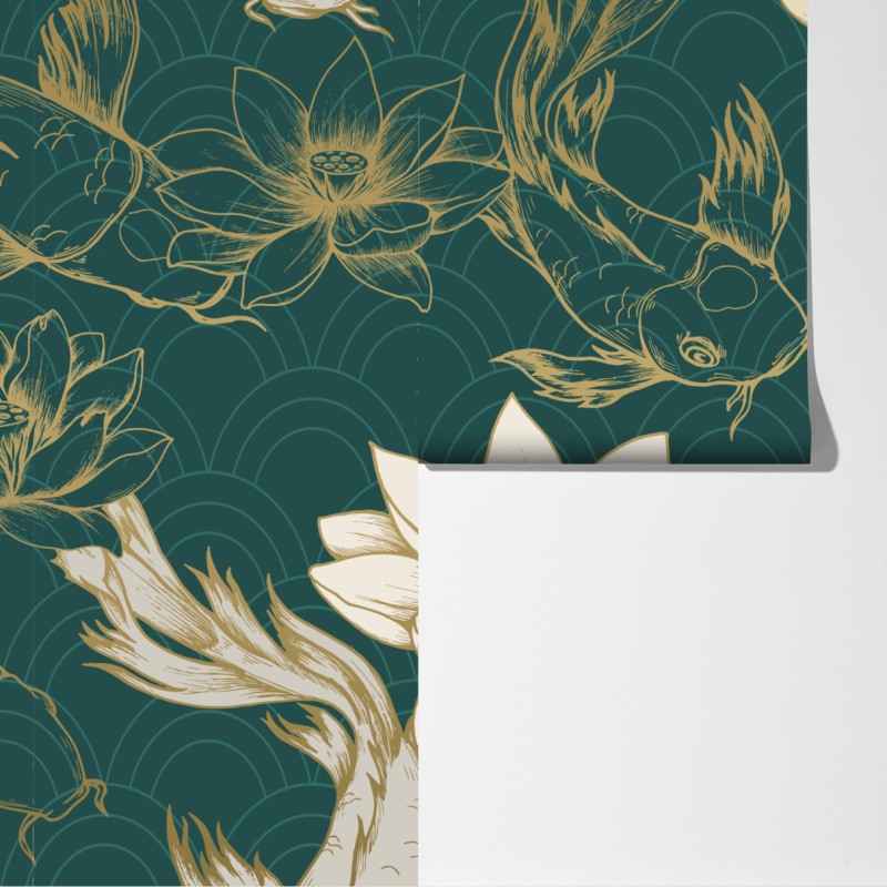 Fototapeta orientalny wzór koi i lotosów w turkusie i złocie – Wallissimo® Fototapeta orientalny wzór koi i lotosów w turkusie i złocie – Wallissimo®