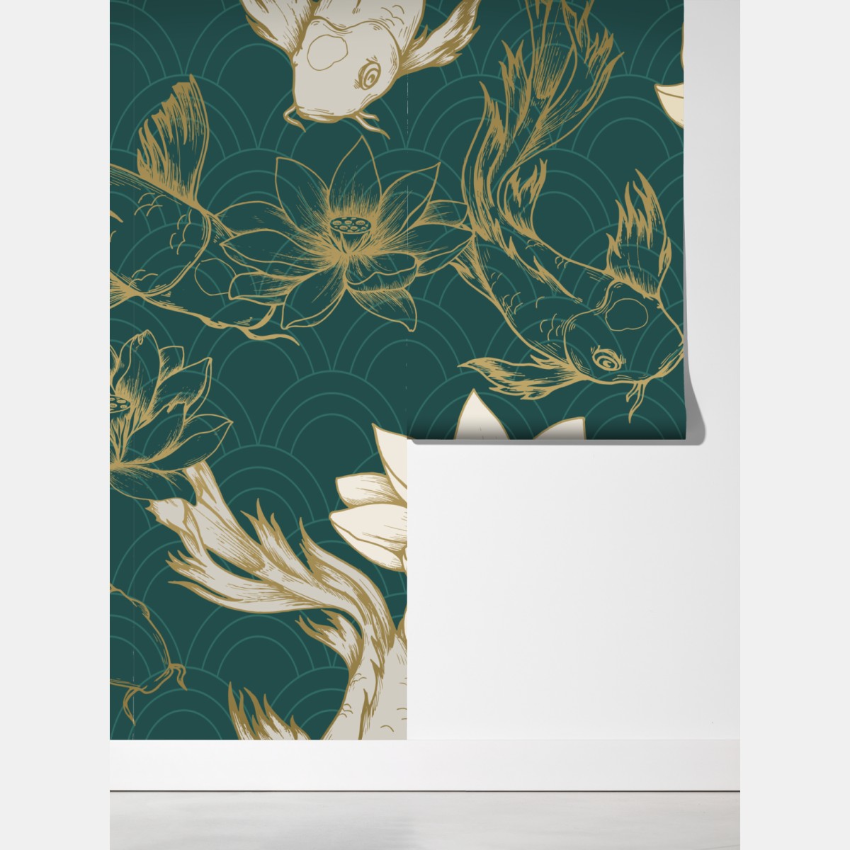 Fototapeta orientalny wzór koi i lotosów w turkusie i złocie – Wallissimo® Fototapeta orientalny wzór koi i lotosów w turkusie i złocie – Wallissimo®