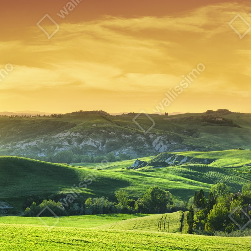 Fototapeta Toskańskie pagórki o zachodzie słońca – Wallissimo® Fototapeta Toskańskie pagórki o zachodzie słońca – Wallissimo®