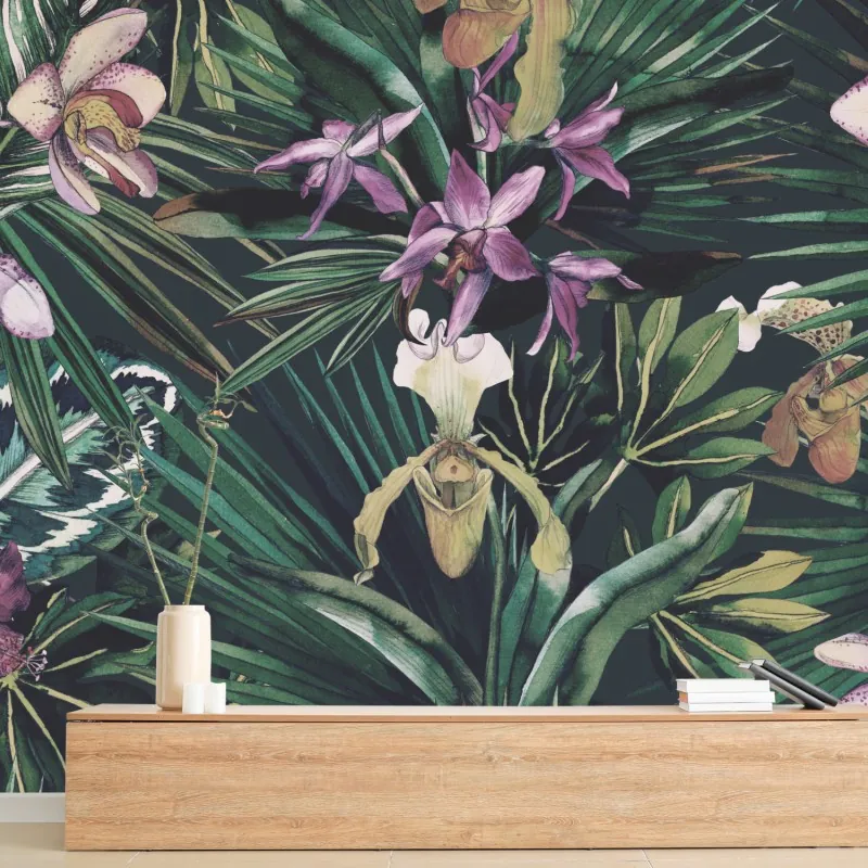 Wall mural tropical watercolor orchids and palm leaves