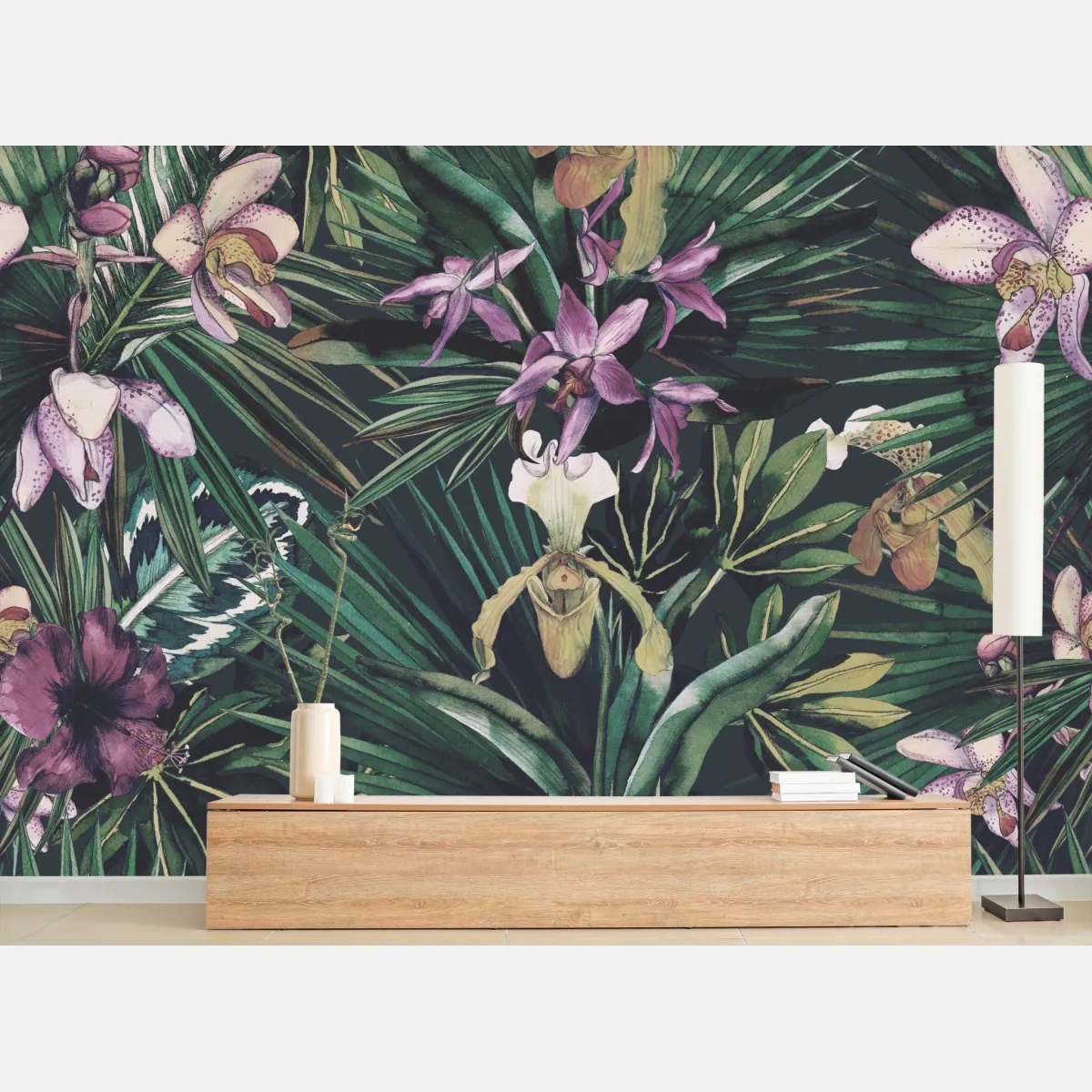 Fototapeta tropikalne akwarelowe orchidee i liście palmowe – Wallissimo® Fototapeta tropikalne akwarelowe orchidee i liście palmowe – Wallissimo®