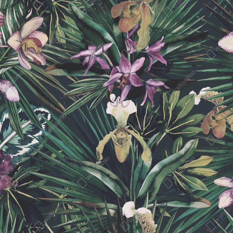 Fototapeta tropikalne akwarelowe orchidee i liście palmowe – Wallissimo® Fototapeta tropikalne akwarelowe orchidee i liście palmowe – Wallissimo®