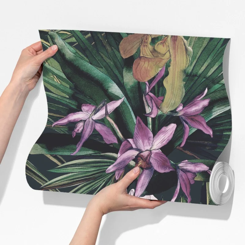 Fototapeta tropikalne akwarelowe orchidee i liście palmowe – Wallissimo® Fototapeta tropikalne akwarelowe orchidee i liście palmowe – Wallissimo®