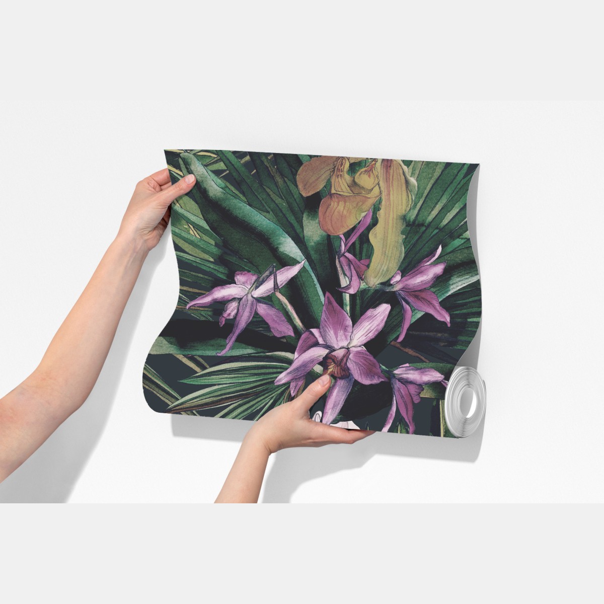 Fototapeta tropikalne akwarelowe orchidee i liście palmowe – Wallissimo® Fototapeta tropikalne akwarelowe orchidee i liście palmowe – Wallissimo®