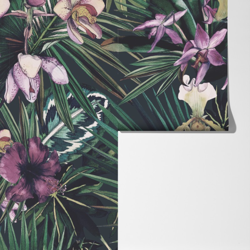 Fototapeta tropikalne akwarelowe orchidee i liście palmowe – Wallissimo® Fototapeta tropikalne akwarelowe orchidee i liście palmowe – Wallissimo®