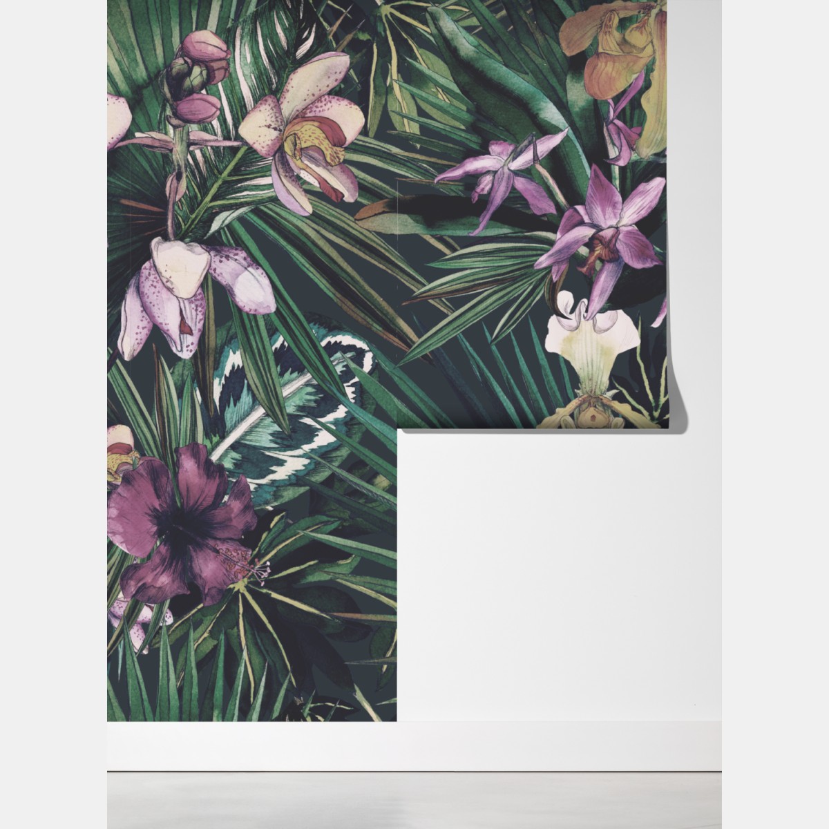 Fototapeta tropikalne akwarelowe orchidee i liście palmowe – Wallissimo® Fototapeta tropikalne akwarelowe orchidee i liście palmowe – Wallissimo®
