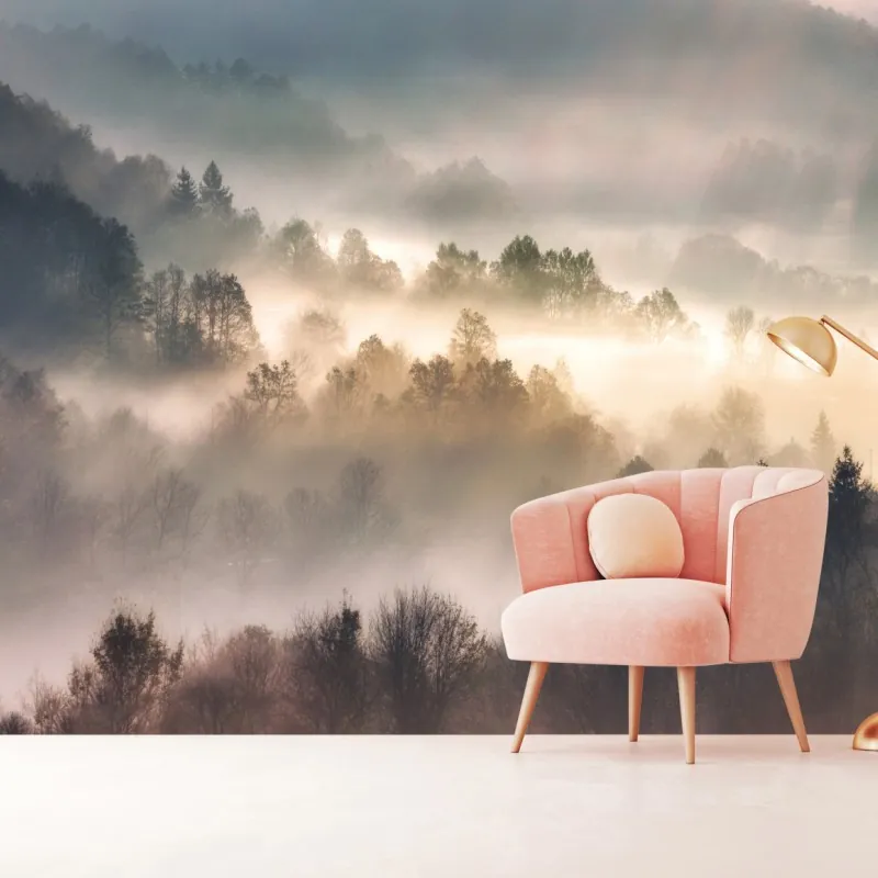 Wall mural misty forest at dawn