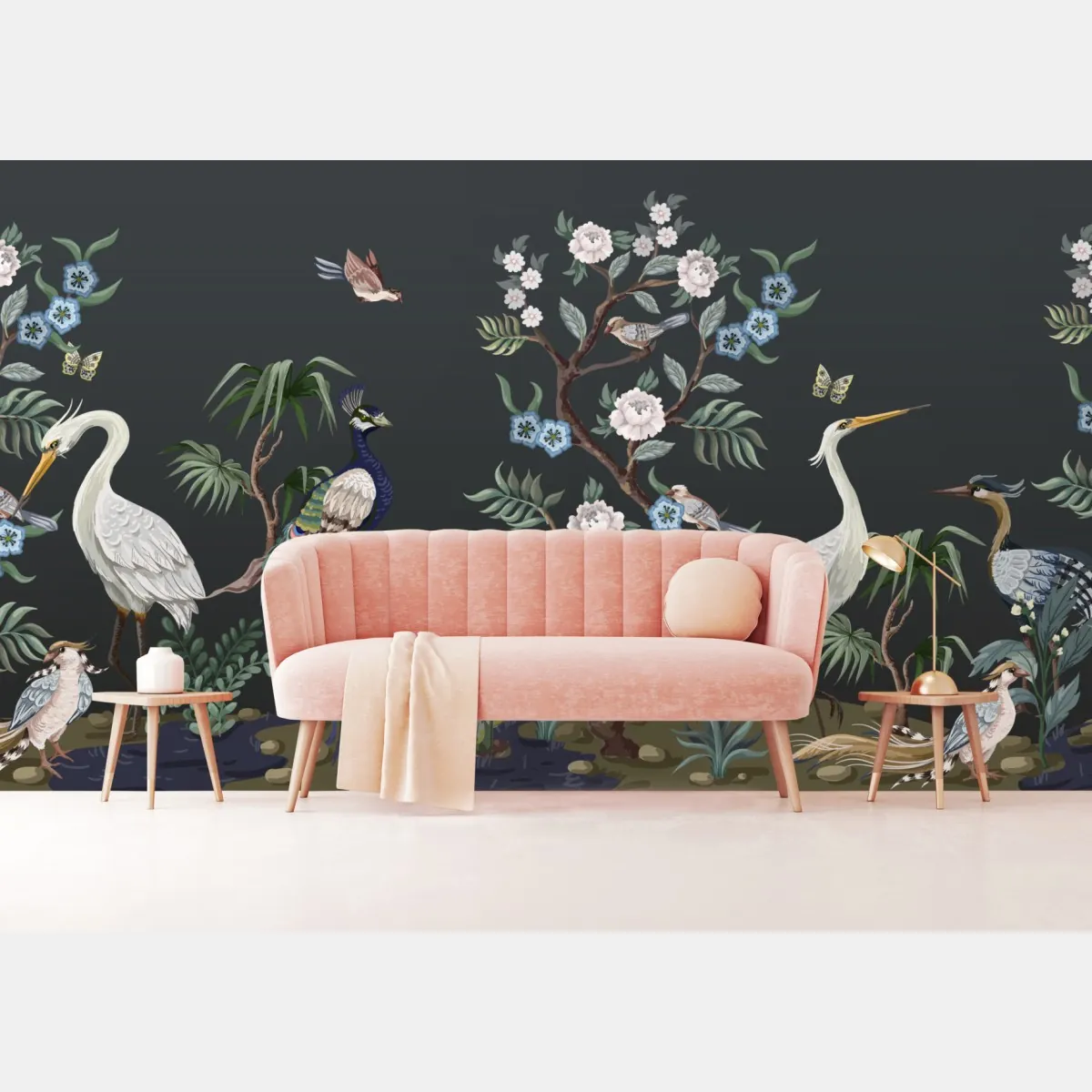 Fototapeta pawie i czaple w kwiatowej scenie – Wallissimo® Fototapeta pawie i czaple w kwiatowej scenie – Wallissimo®