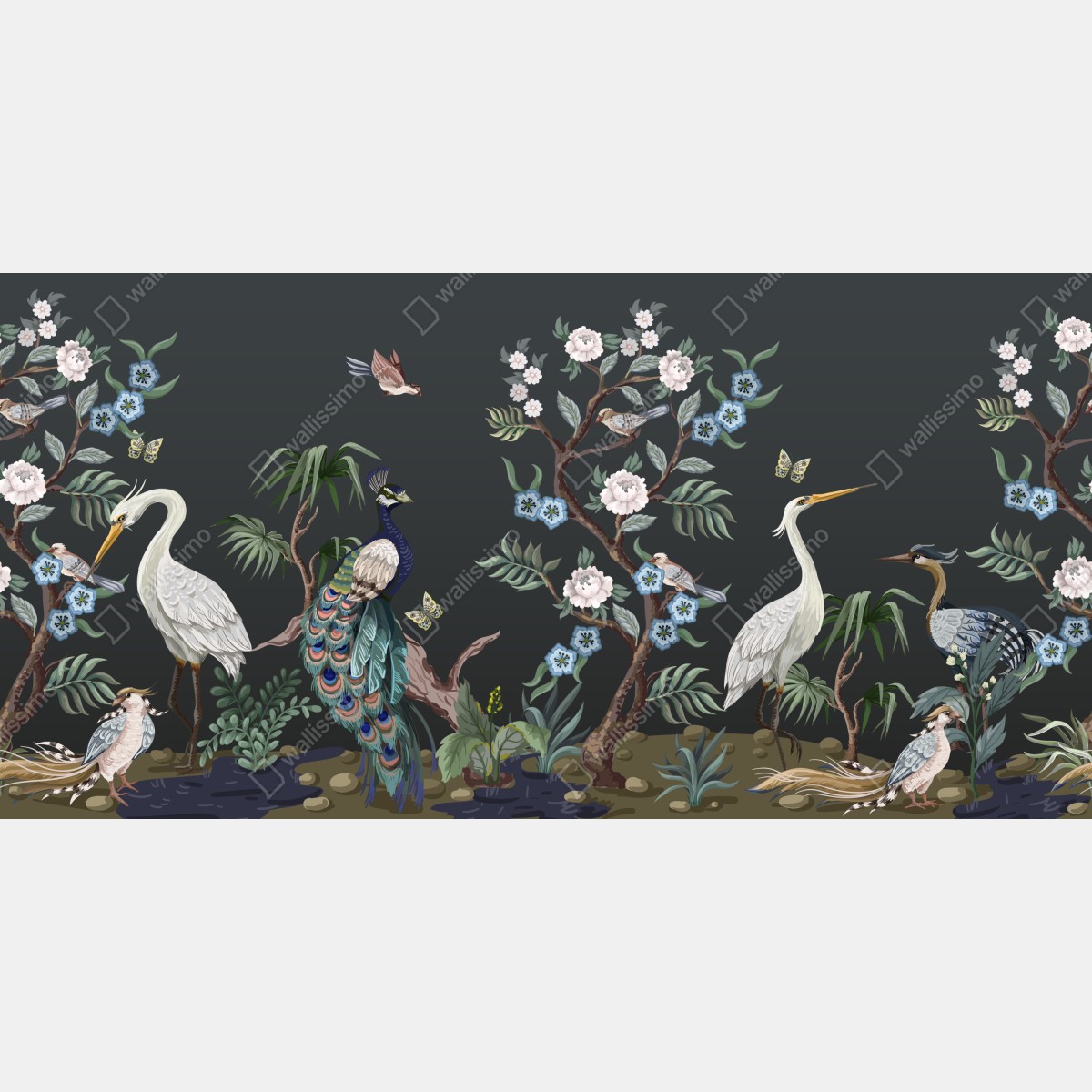 Fototapeta pawie i czaple w kwiatowej scenie – Wallissimo® Fototapeta pawie i czaple w kwiatowej scenie – Wallissimo®