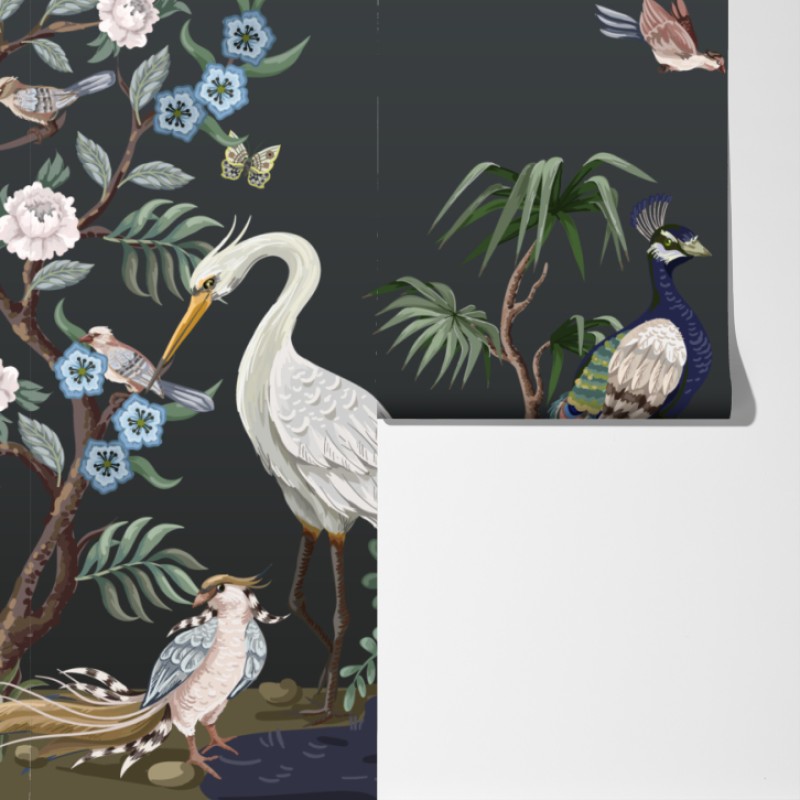 Fototapeta pawie i czaple w kwiatowej scenie – Wallissimo® Fototapeta pawie i czaple w kwiatowej scenie – Wallissimo®