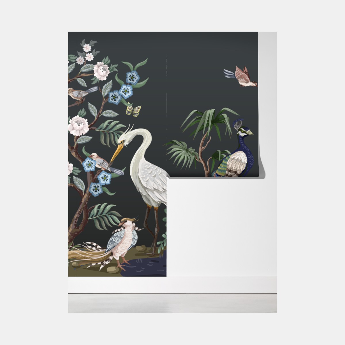 Fototapeta pawie i czaple w kwiatowej scenie – Wallissimo® Fototapeta pawie i czaple w kwiatowej scenie – Wallissimo®