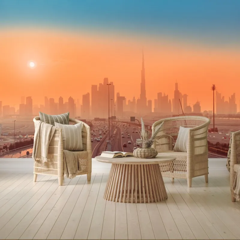 Fototapeta Dubaj panorama o wschodzie słońca – Wallissimo® Fototapeta Dubaj panorama o wschodzie słońca – Wallissimo®