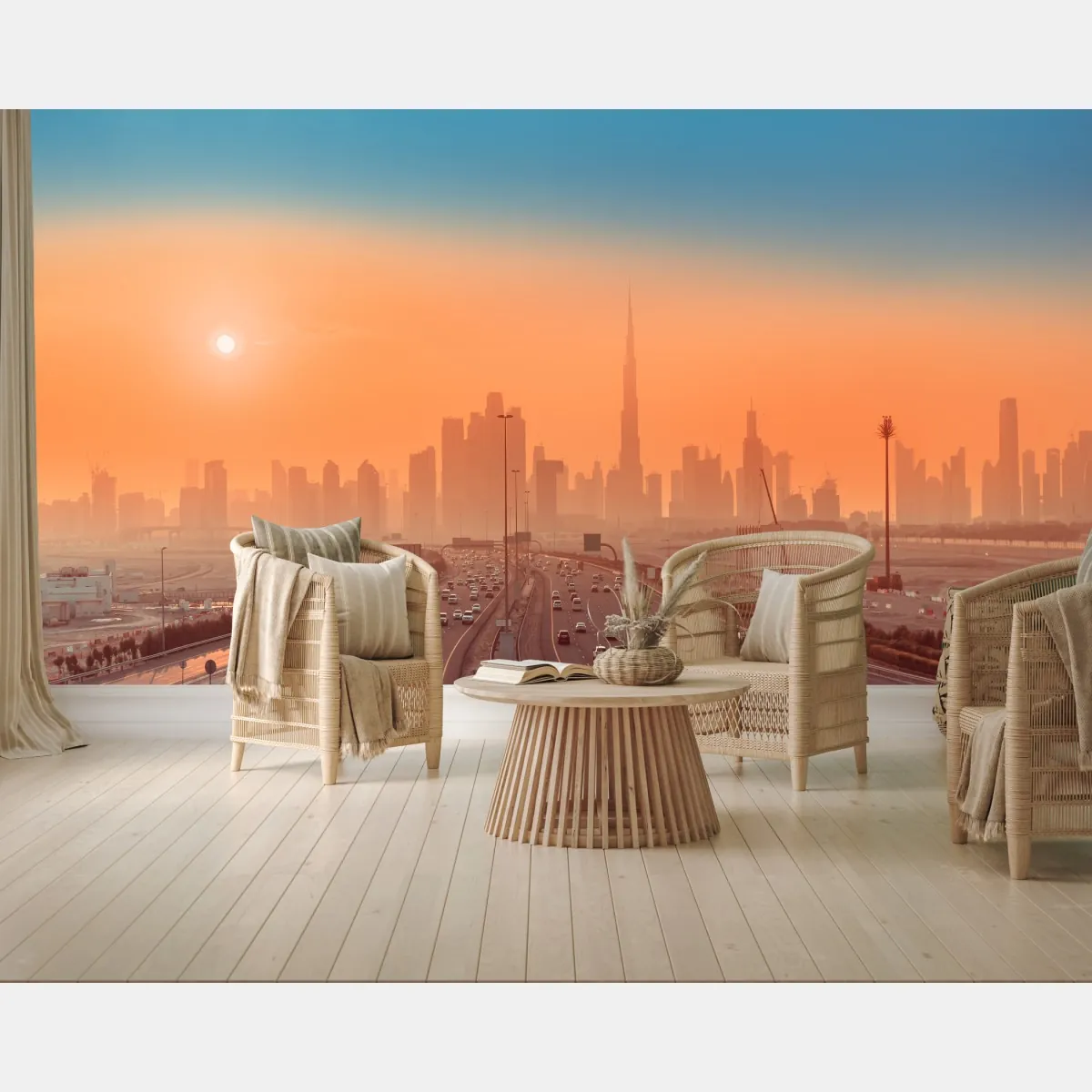 Fototapeta Dubaj panorama o wschodzie słońca – Wallissimo® Fototapeta Dubaj panorama o wschodzie słońca – Wallissimo®
