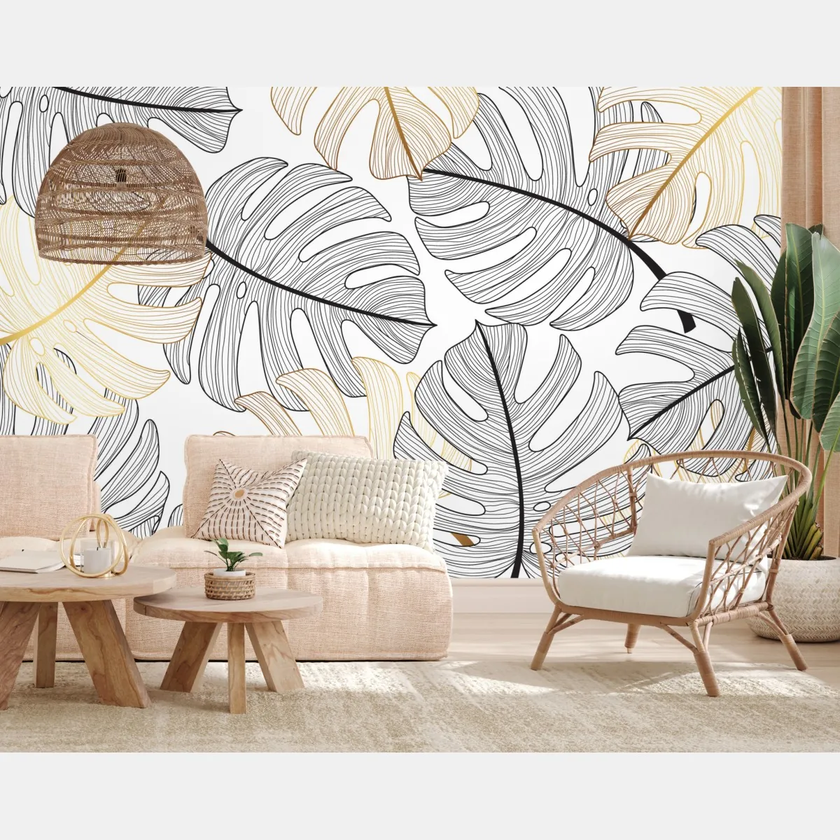 Fototapeta wzór liści monstera ze złotymi akcentami – Wallissimo® Fototapeta wzór liści monstera ze złotymi akcentami – Wallissimo®