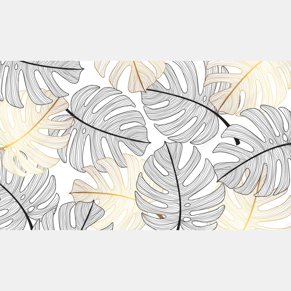 Fototapeta wzór liści monstera ze złotymi akcentami – Wallissimo® Fototapeta wzór liści monstera ze złotymi akcentami – Wallissimo®