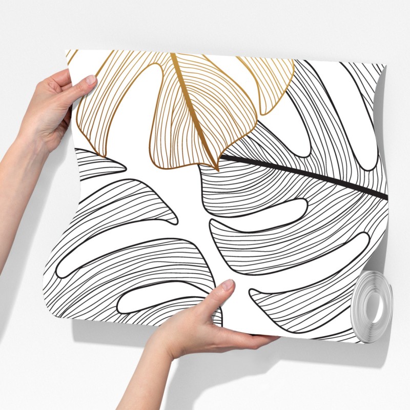 Fototapeta wzór liści monstera ze złotymi akcentami – Wallissimo® Fototapeta wzór liści monstera ze złotymi akcentami – Wallissimo®