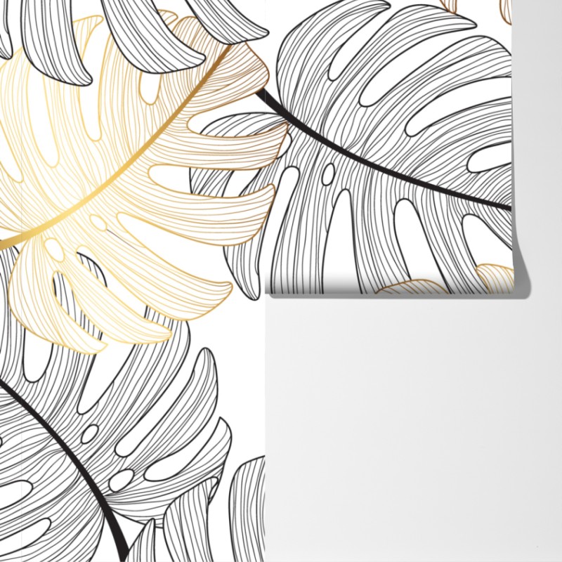 Fototapeta wzór liści monstera ze złotymi akcentami – Wallissimo® Fototapeta wzór liści monstera ze złotymi akcentami – Wallissimo®