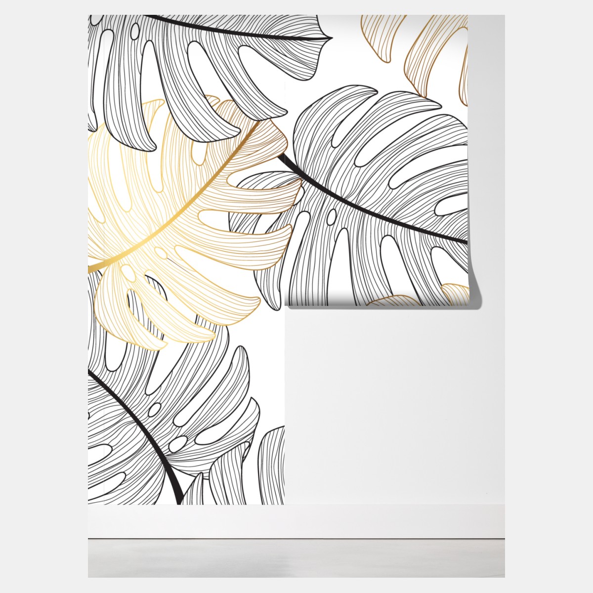 Fototapeta wzór liści monstera ze złotymi akcentami – Wallissimo® Fototapeta wzór liści monstera ze złotymi akcentami – Wallissimo®