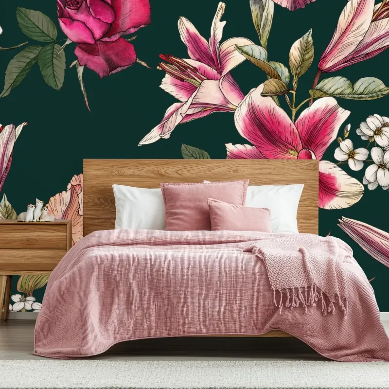 Wall mural vintage botanical floral pattern on deep green