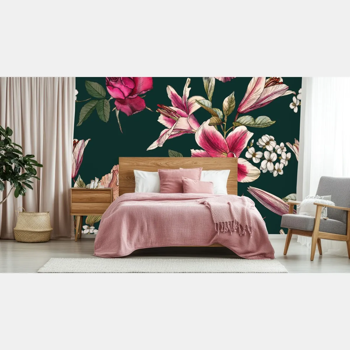 Fototapeta vintage botaniczny wzór kwiatowy na głębokiej zieleni – Wallissimo® Fototapeta vintage botaniczny wzór kwiatowy na głębokiej zieleni – Wallissimo®