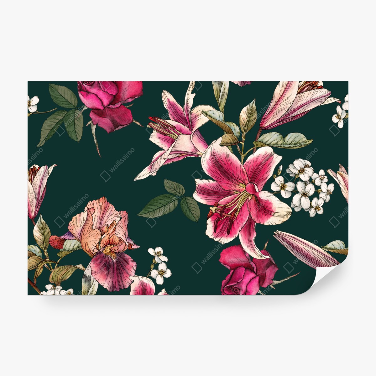 Fototapeta vintage botaniczny wzór kwiatowy na głębokiej zieleni – Wallissimo® Fototapeta vintage botaniczny wzór kwiatowy na głębokiej zieleni – Wallissimo®