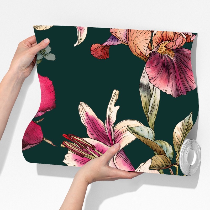 Fototapeta vintage botaniczny wzór kwiatowy na głębokiej zieleni – Wallissimo® Fototapeta vintage botaniczny wzór kwiatowy na głębokiej zieleni – Wallissimo®