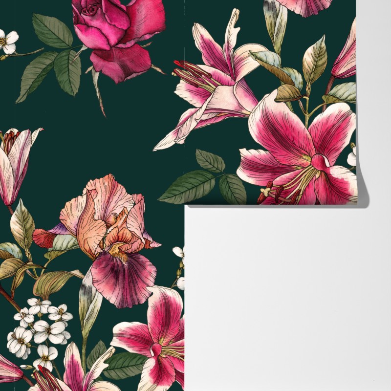 Fototapeta vintage botaniczny wzór kwiatowy na głębokiej zieleni – Wallissimo® Fototapeta vintage botaniczny wzór kwiatowy na głębokiej zieleni – Wallissimo®